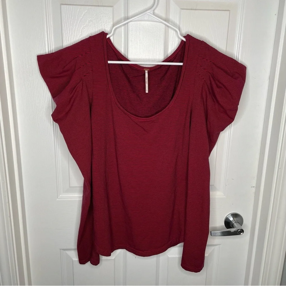 Free People Penelope Dramatic Puff Sleeve Stretch Knit Top in Red Combo Stripe L